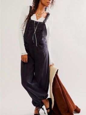 Free People Washed Black Denim Overalls
